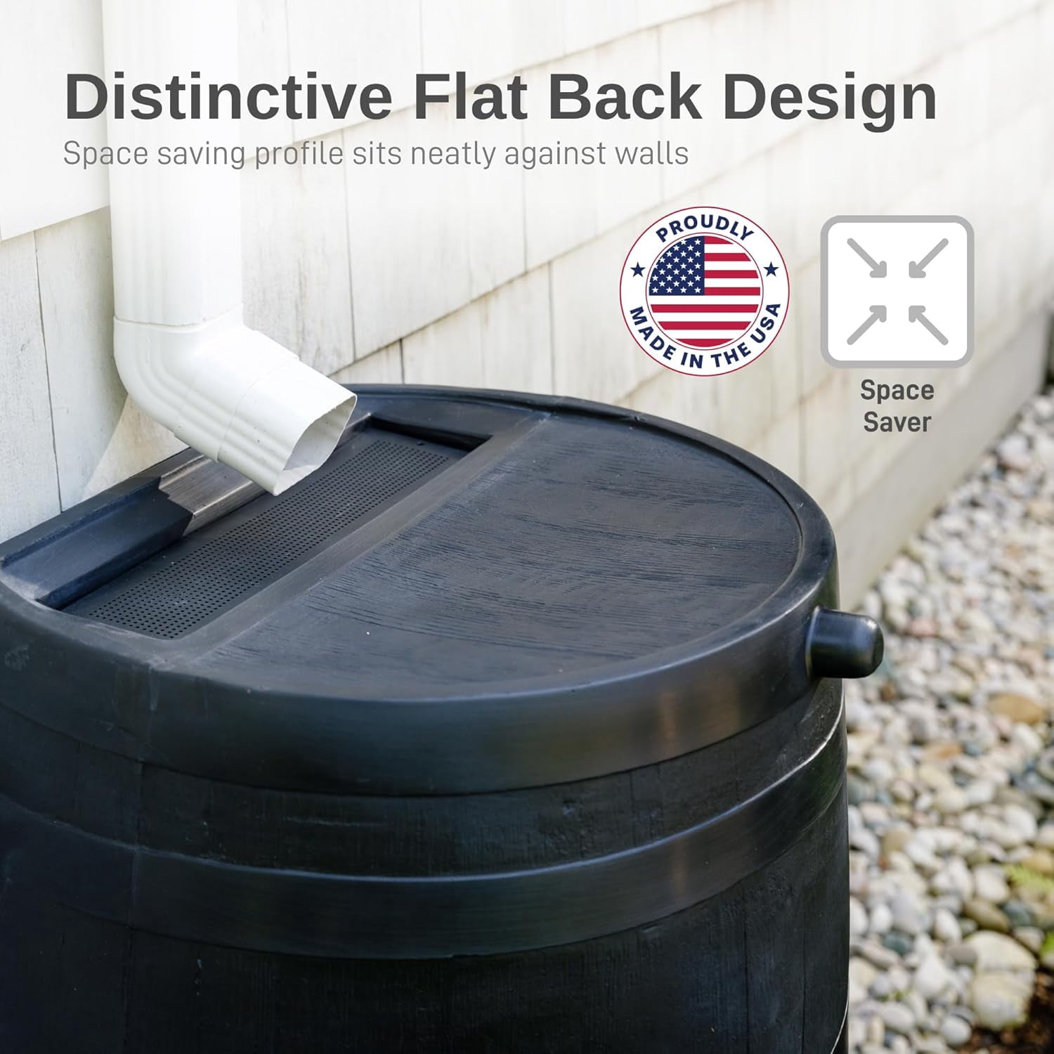 RTS Home Accents 50-Gallon ECO Rain Barrel, 100% Recycled Plastic Flat Back Rain Water Collection Barrel, Black
