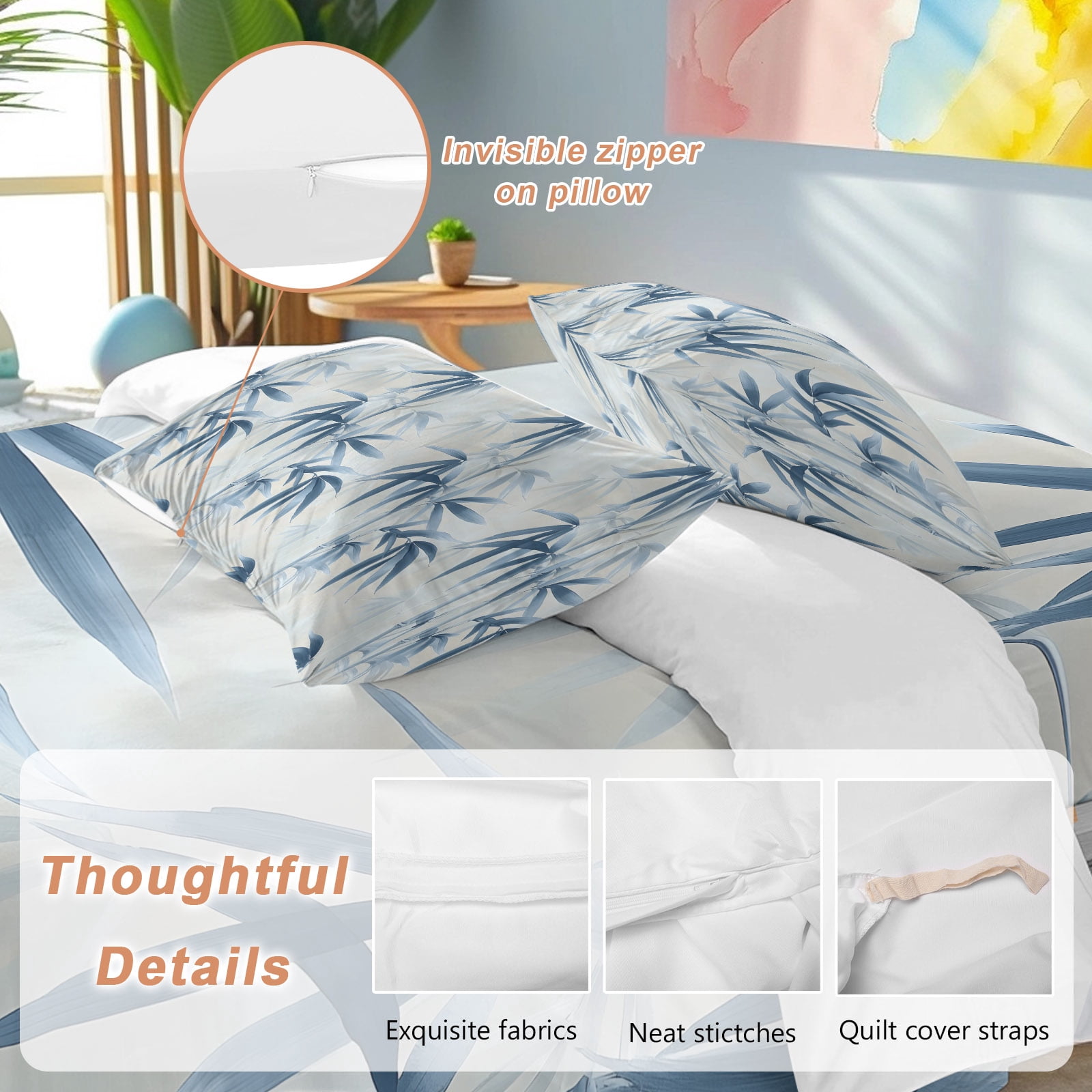 Bamboos Leaf Queen Duvet Cover Set, Blue Green Leaf Watercolor Modernism 4 Piece Microfiber Bedding Set with Zipper Closure, Bed Sheet and 2 Pillow Shams, Soft Bedding Cover