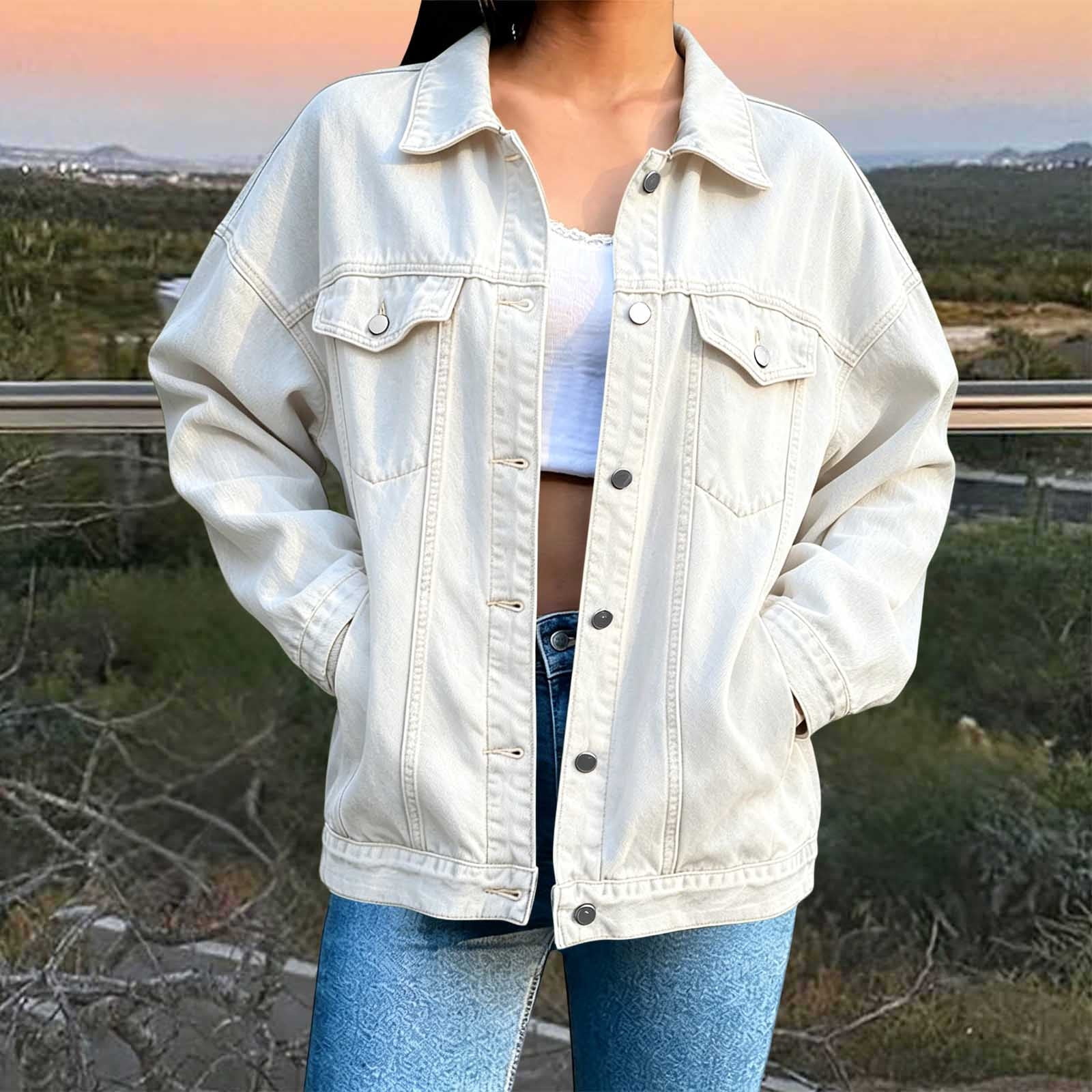 Vmvidoty Womens Stretch Button Down Long Sleeve Pockets Denim Jean Trucker Jacket White 2XL