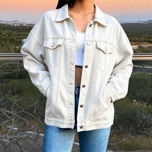 Xdegoge Denim Jackets for Women Oversized Casual Long Sleeve Button Down Jean Jackets Boyfriend Trucker Coats With Flap Pockets Fall Fashion Vintage Outerwear