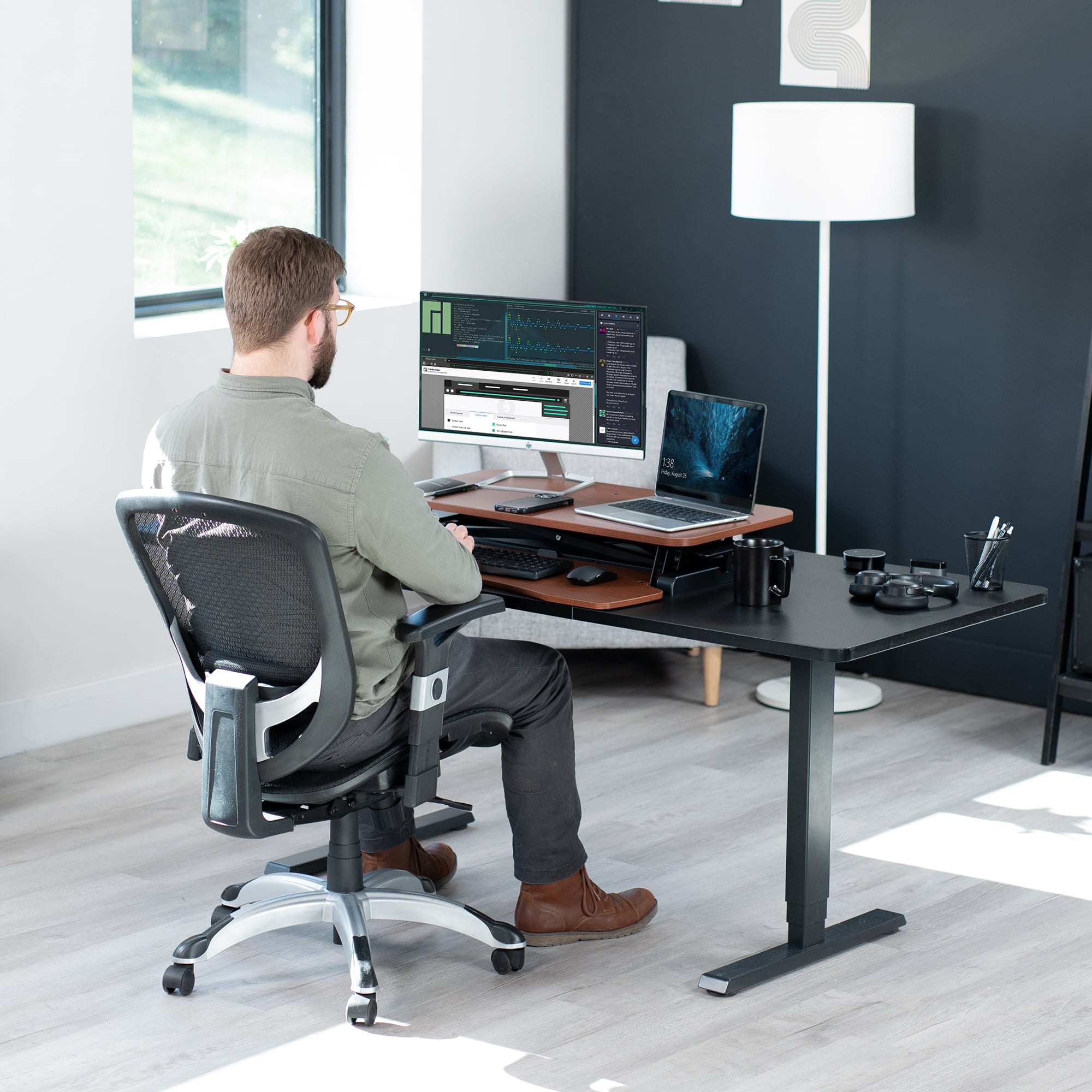 VIVO Wood Colored Height Adjustable Standing Desk Converter Sit Stand Riser