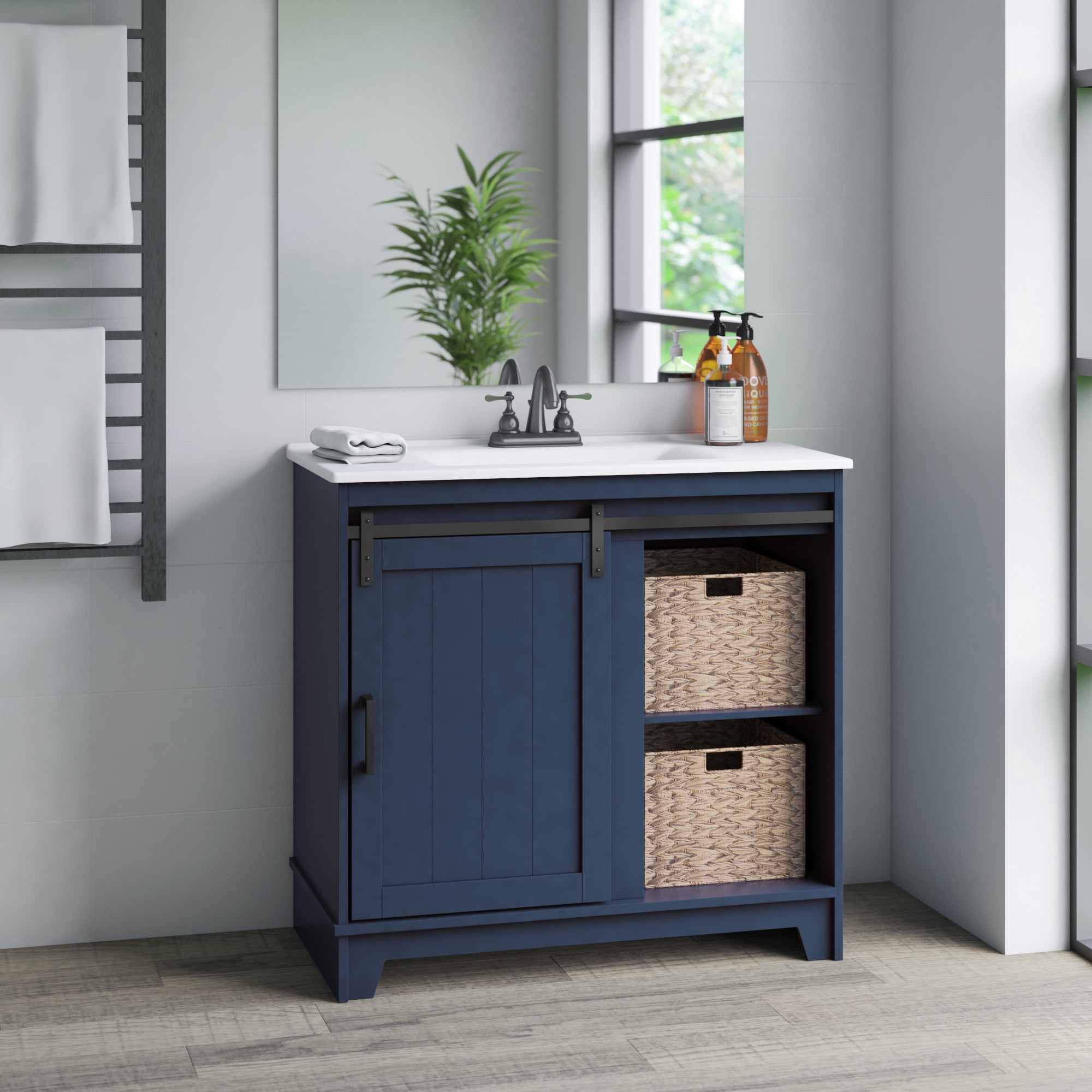 Twin Star Home 36" Sliding Barn Door Single Bathroom Vanity with Woven Baskets