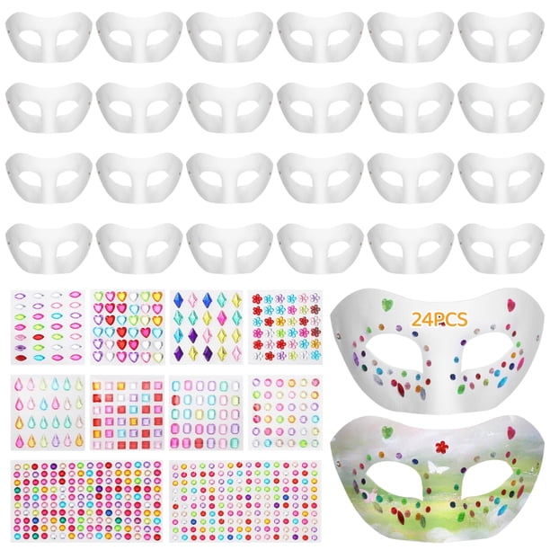 24 máscaras de papel maché con pegatinas de gemas, juego de decoración de máscaras en blanco con pegatinas de joyas autoadhesivas, máscaras artesanales blancas de media cara para fiestas de cosplay