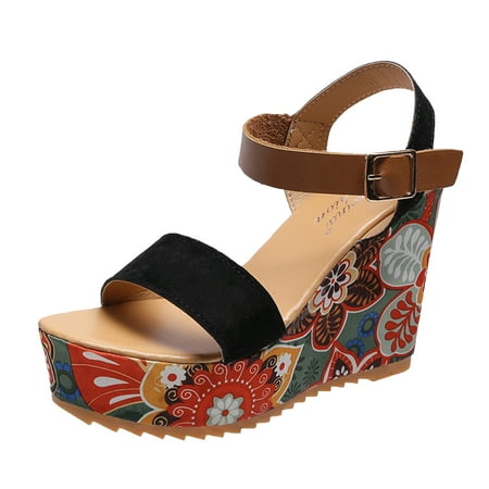 

YanHoo Wedge Sandals for Women Dressy Summer Flatform Casual Flower Heels Sandals Open Toe and Ankle Strap Wedge Sandal Comfortable Summer Bohemia Sandals Women
