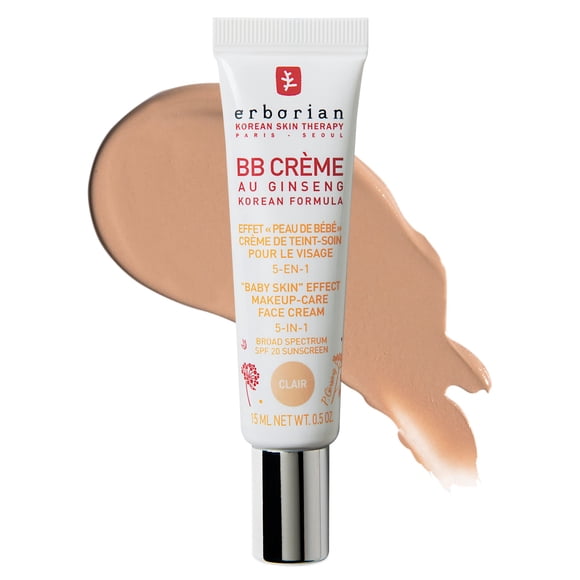 Erborian BB Cream with Ginseng, Fair (Clair) - Lightweight Buildable Coverage with SPF 20 & Ultra-Soft Matte Finish Minimizes Pores, Blemishes & Imperfections - Korean Face Makeup &