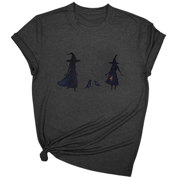 Xdegoge Women's Novelty Halloween Graphic T-Shirt Twin Witches Silhouette Spooky Print Tee Short Sleeve Crewneck Fall Casual Party Tops Holiday Outfit Trick or Treat