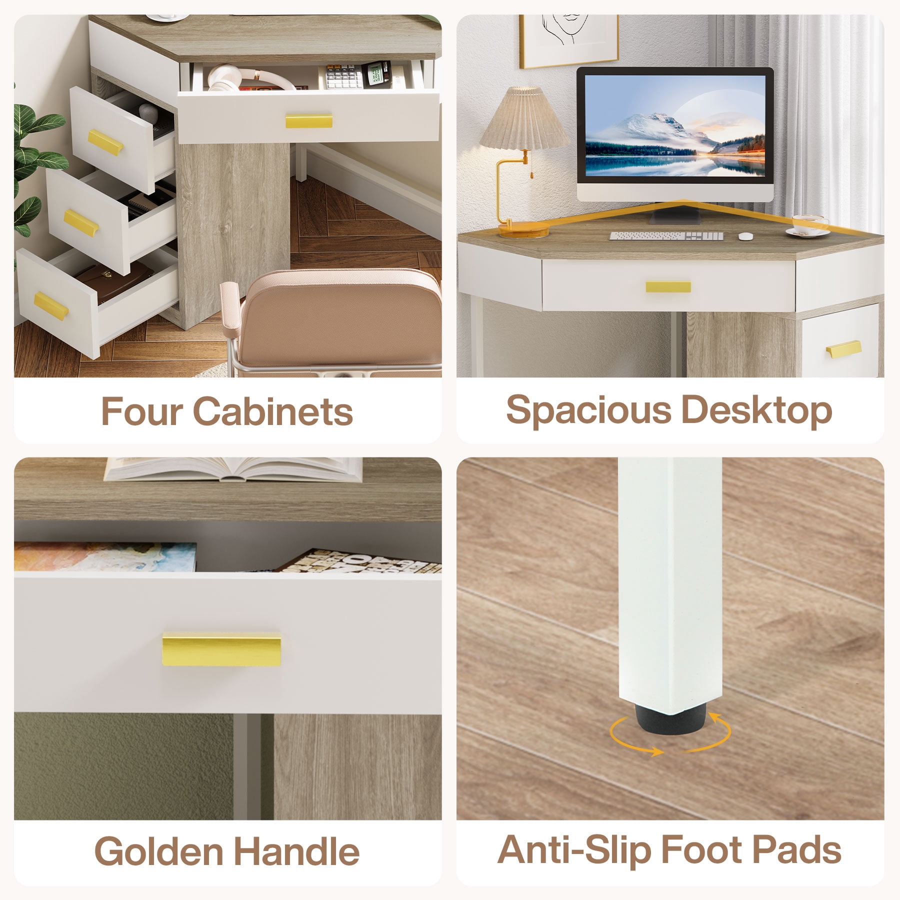 Fnova Corner Desk for Small Space, Triangle Computer Desk with 3 Drawers, 90-Degree Makeup Vanity Desk for Home Office, Bedroom (Grey+White)