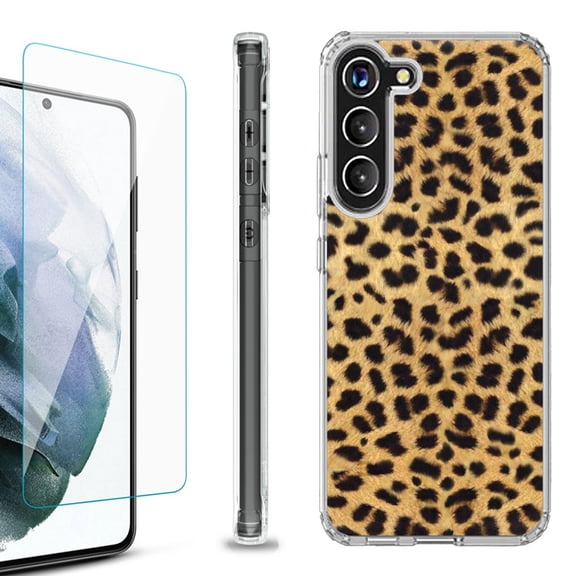 Shockproof Bumper Phone Case for Samsung Galaxy S23 5G, with Tempered Glass Screen Protector, by OneToughShield ® - Cheetah Gold/Black