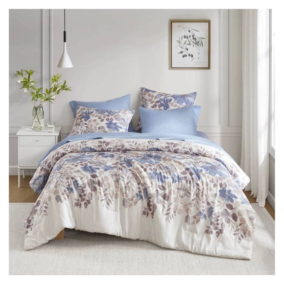 Floral Comforter Set with Bed Sheets Blue King