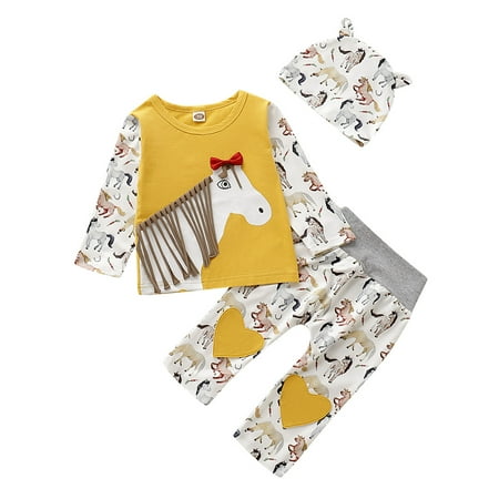 

NZRVAWS Baby Girls Outfits 6 Months Baby Girls Horse Print Splice 12 Months Baby Girls Elastic Pants Hat 3Pcs Winter Clothes Set Yellow