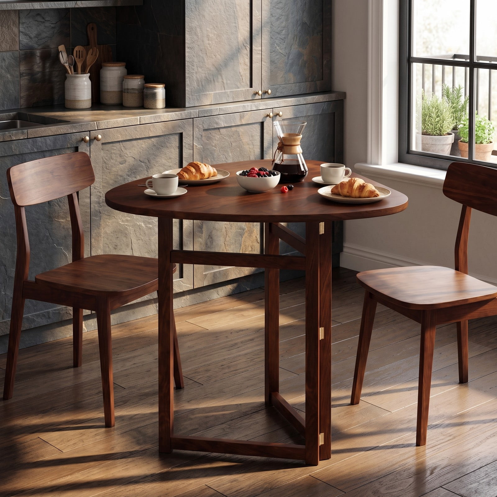 Furnibear Foldable Dining Table for 2, 31.5 Inch Triangular Small Kitchen Table, Space Saving Rubber Wood Folding Dinner Table for Apartment Breakfast Nook, Walnut