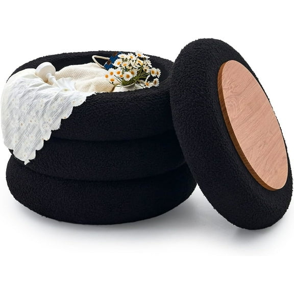 Casa Pura Furniture Round Storage Ottoman, Modern Sherpa Footstool, Teddy Vanity Stool with Flip-Top Tray, Makeup Chair for Home Decor, Upholstered Footrest for Living Room & Bedroom