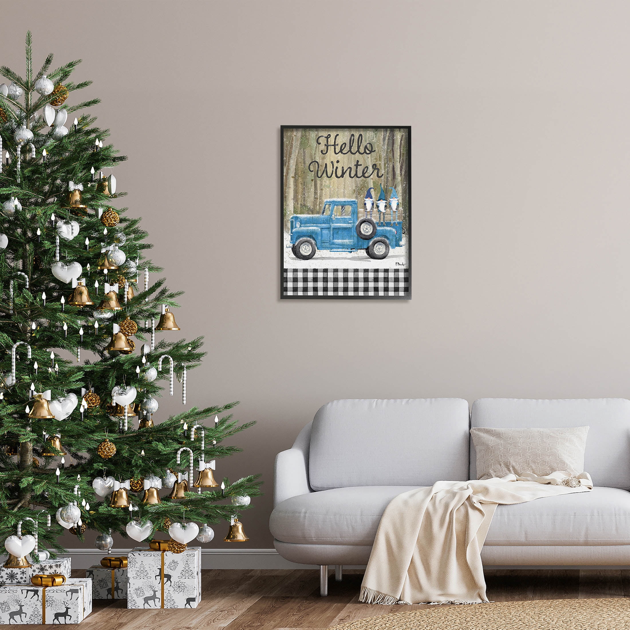 Stupell Industries Hello Winter Plaid Gnomes Graphic Art Black Framed Art Print Wall Art, Design by Paul Brent