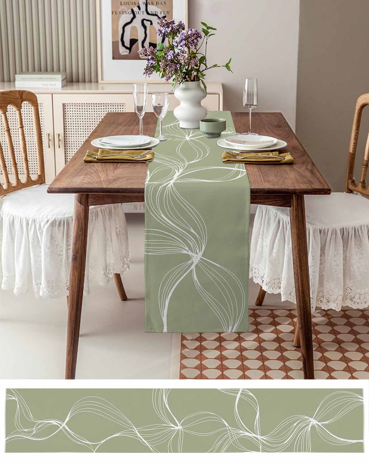 Sage Green Table Runner 36 Inches, Minimalist Abstract Modern White Art Bed Runner Dresser Scarves Tabletop for Indoor Outdoor Parties/Ceremony/Banquet, 13"x 36"