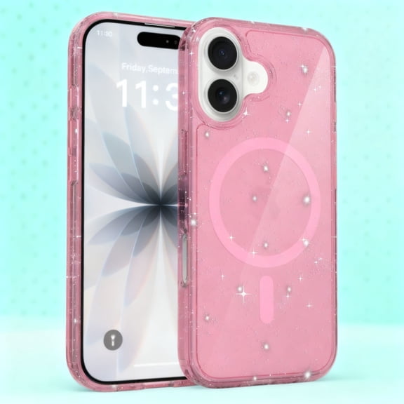 Designed For iPhone 16 Plus Phone Case,Crystal Glitter Bling Back,Compatible with Mag-Safe,Shockproof Sparkly Cute Women Girl Cover,Ultra Slim Anti-fall Drop Protection,Durable Phone Case,Pink