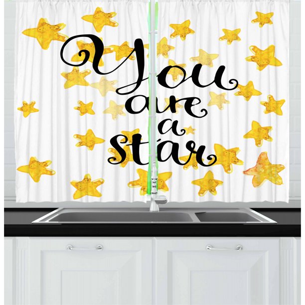 Quote Curtains 2 Panels Set, Modern Calligraphic Phrase with Watercolor