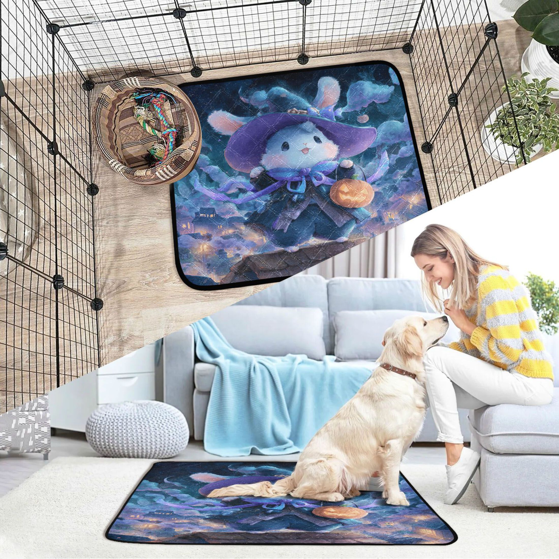 Qxltty Halloween Cute Bunny Cat litter Pads Pet Set of 2 Diaper Mats Center Anti-leakage Layer Absorbent Soft and Comfortable