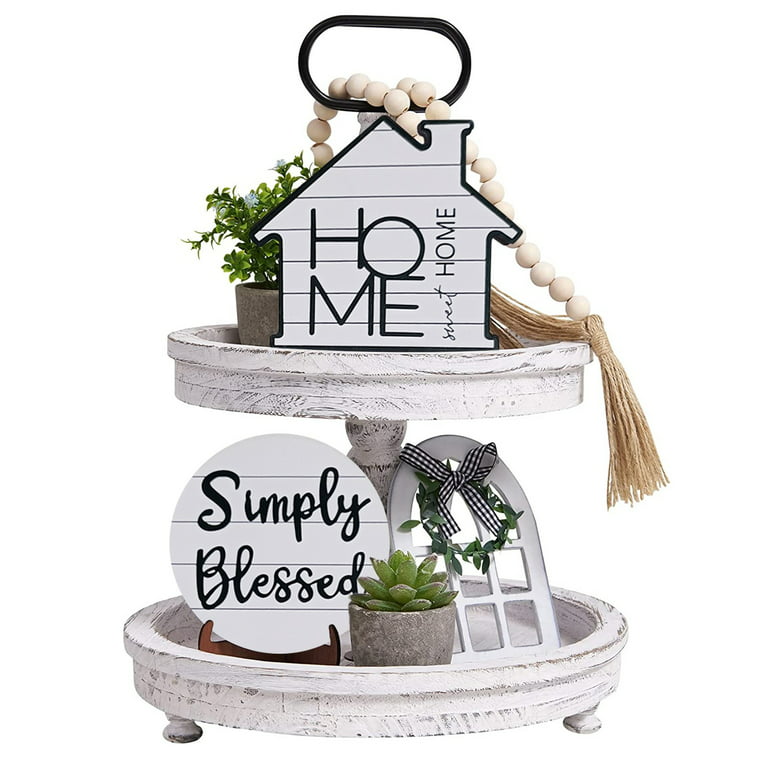  GENMOUS Farmhouse Kitchen Tiered Tray Decor Items Mini Set,  Rustic Black and White Kitchen Counter Decor, Two Tiered Tray Kitchen Decor  Set for Home Kitchen Dining Room Table Decoration : Industrial