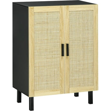 Sideboard Buffet Cabinet, Kitchen Cabinet, Coffee Bar Cabinet with 2 Rattan Doors and Adjustable Shelves, Black and Natural