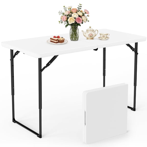 WASUHE Folding Table 4 FT Lightweight Table, Fold-in-Half Plastic Rectangular Table Metal Legs, Easy to Store, Perfect for Party, Dining, Wedding, Events, White