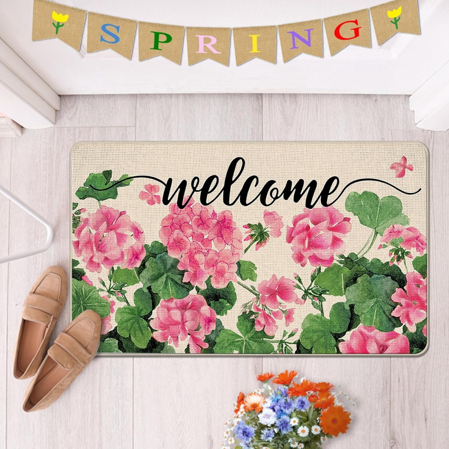 Welcome Spring Summer Geranium Flower Decorative Front Door Mat, Pink Floral Doormat Indoor Outdoor Non-Slip Floor Entryway Rug, Seasonal Home Kitchen Decoration 17x29 Inch
