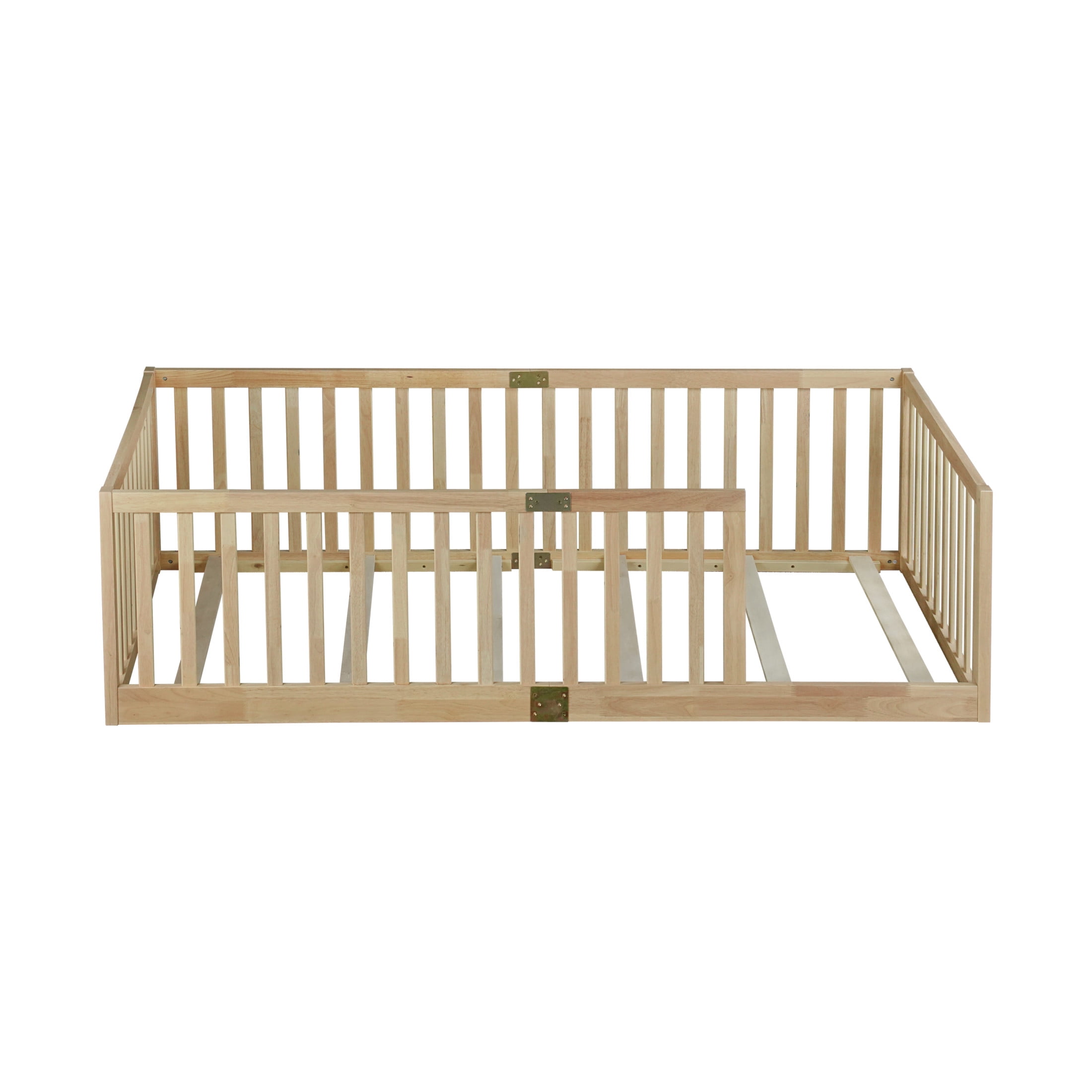 Noble House Nira Twin Floor Bed with High Fence Railings, Rubber Wood Montessori Bed Frame, Kids' Room, Natural