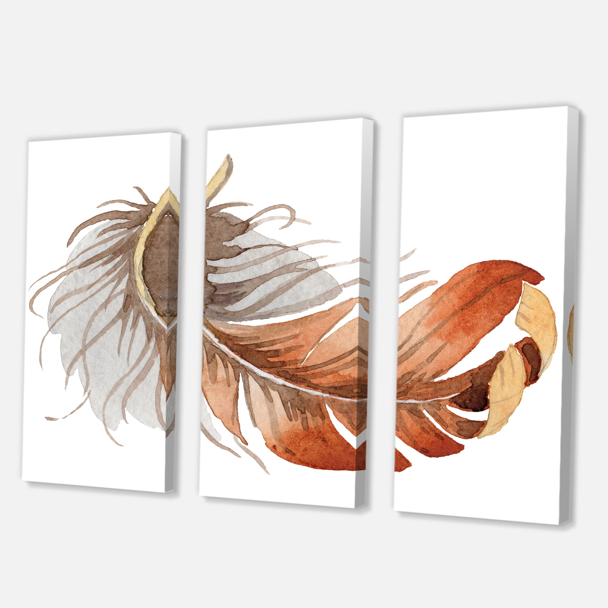 Designart ' Orange Ethnic Bird Feather On White ' Bohemian & Eclectic Canvas Wall Art Print