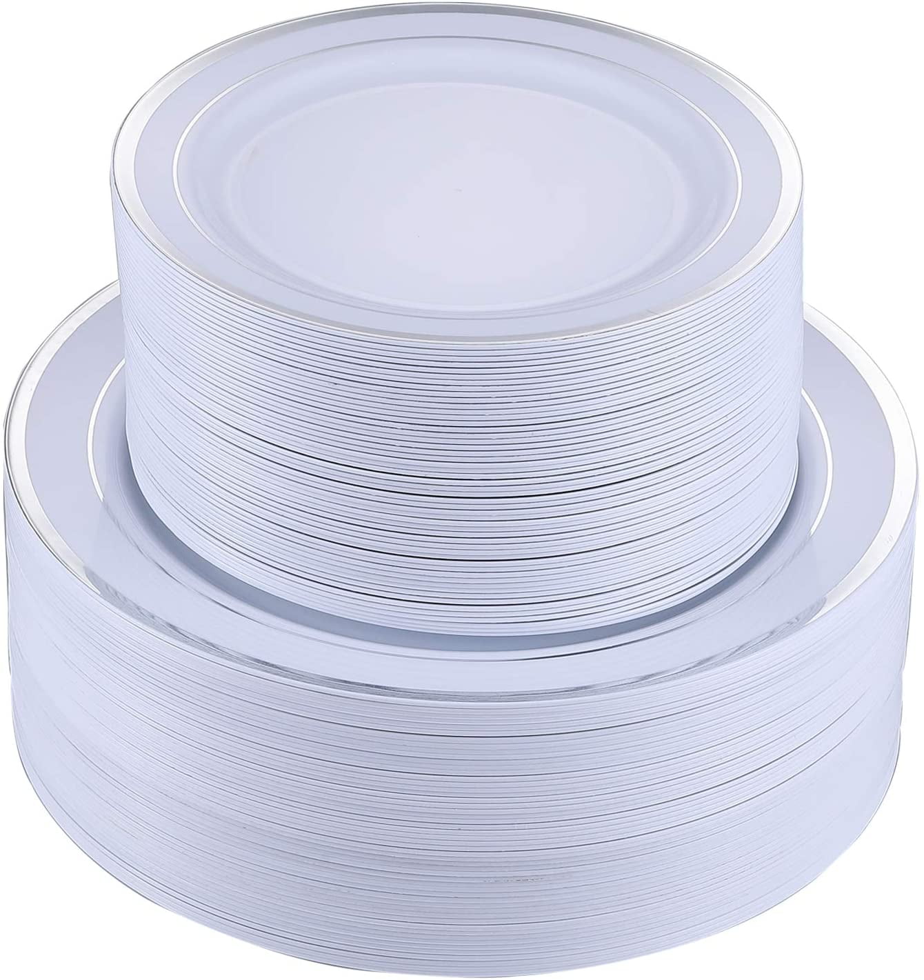 FOCUSLINE 102 pcs Plastic Plates with Silver Rim, Disposable Heavy Duty