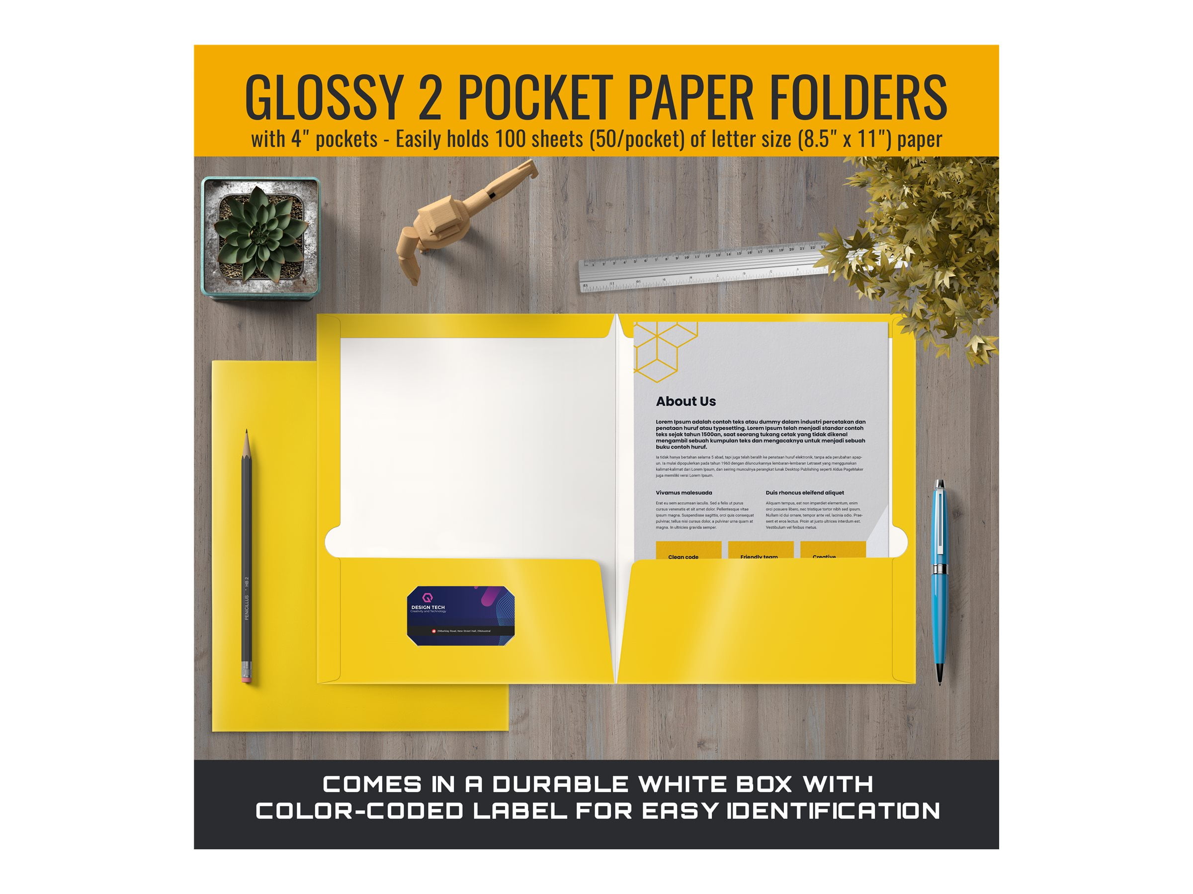 2 Pocket Glossy Laminated Yellow Paper Folders, Letter Size, 25-Pack, Yellow Paper Portfolios by Better Office Products, Box of 25 Yellow Folders