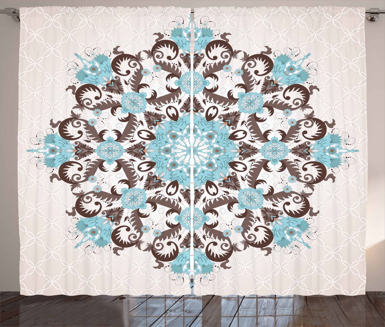 Brown and Blue Curtains 2 Panels Set, Mandala Inspired Floral Round ...