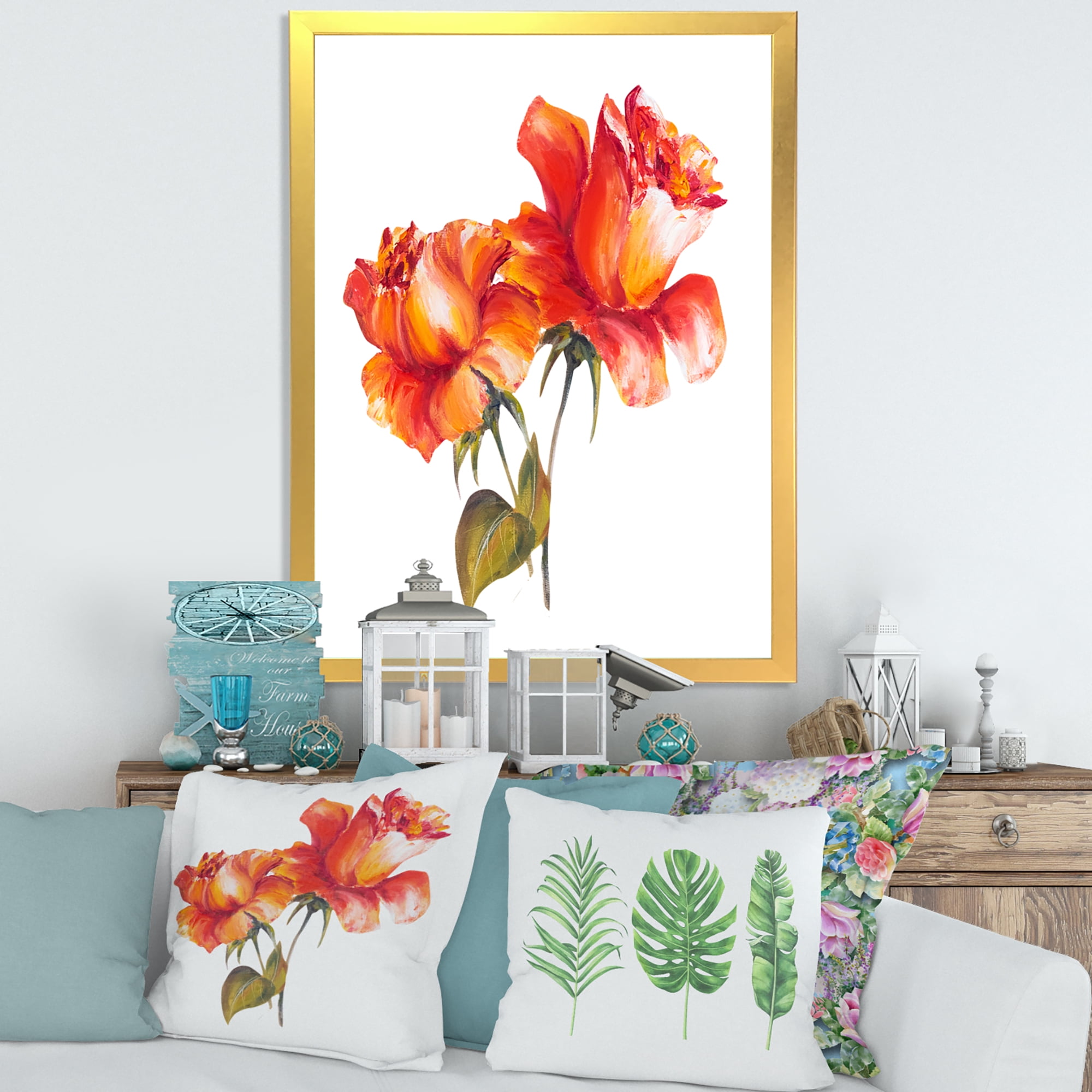 Designart 'Two Blossoming Red Roses On White' Traditional Framed Art Print