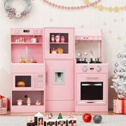 Pirecart Wooden Play Kitchen Set, Kids Play Kitchen with 6-pcs Cooking Accessories, Sink & Stove, Water Dispenser & Hood with Lights & Sounds, Pink