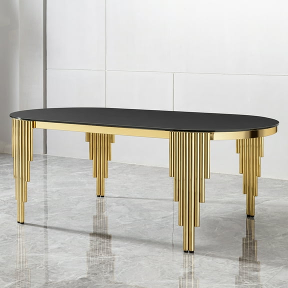 70.08" Black Glass Top oval Dining Table with gold stainless Steel Base for 6 seats