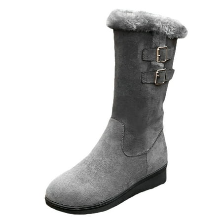 DVKOVI Country Dress for Women Cowboy Boots for Women Mid Calf Fashion Women Flock Winter Keep Warm Thick Sole Square Heels Zipper Snow Mid Booties Round Toe Shoes Grey 41