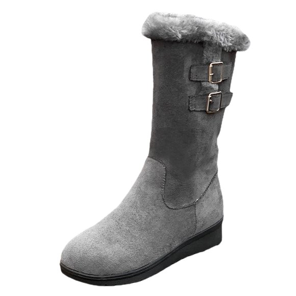 Bmisegm Fashion Women Flock Winter Keep Warm Thick Sole Square Heels Zipper Snow Mid Booties Round Toe Shoes Shoes Boots for Women Grey 7