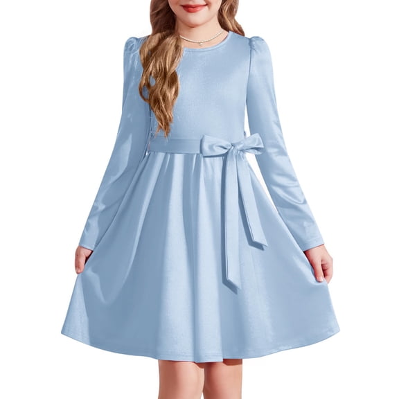 Arshiner Girls Dresses Puff Long Sleeve Fall Winter Formal Party Belted Dress with Pockets