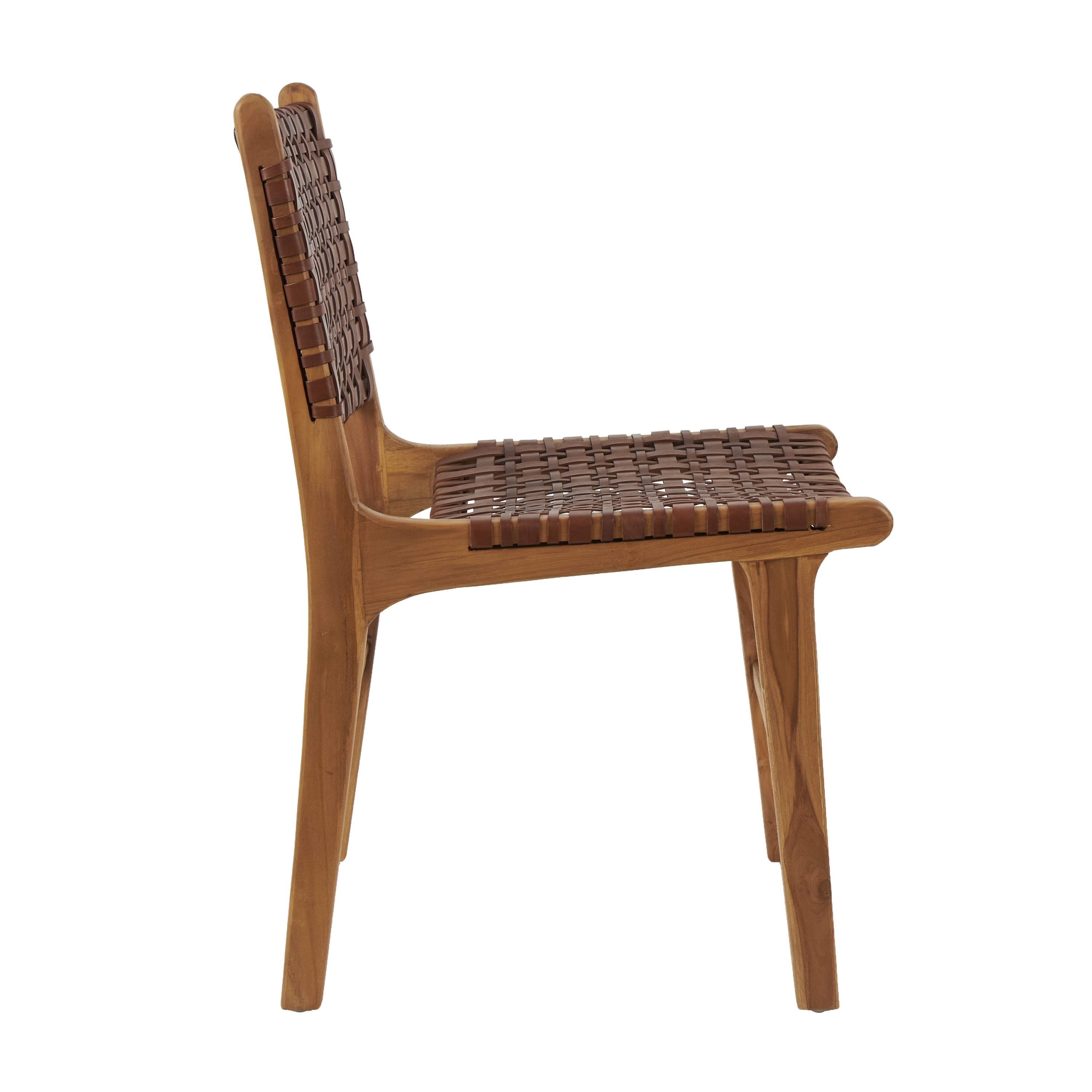 DecMode Leather Handmade Woven Lounge Chair with Teak Wood Frame, Dark Brown, Set of 2
