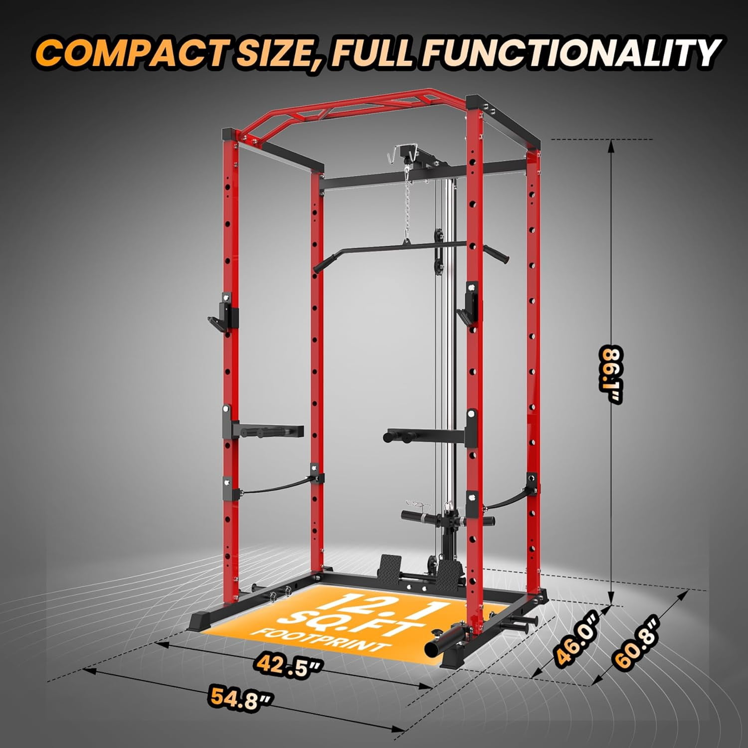 Hetoy 1600 Lbs Power Rack for Home Gym Squat Rack with Cable Pulley System & LAT Pull Down Workout Cage Strength Training Weight Cage with Dip Bar & J Hooks for Multiple Exercises,Red