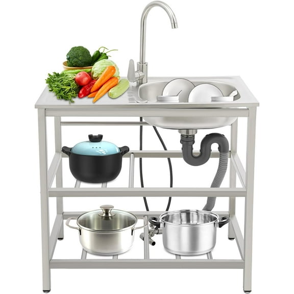 Rectangle Utility Sink, Free Standing Single Bowl Kitchen Sink, Stainless Steel Sinks with Filter & Cold and Hot Water Pipe for Indoor Outdoor Restaurant Cafe Bar Hotel Garage