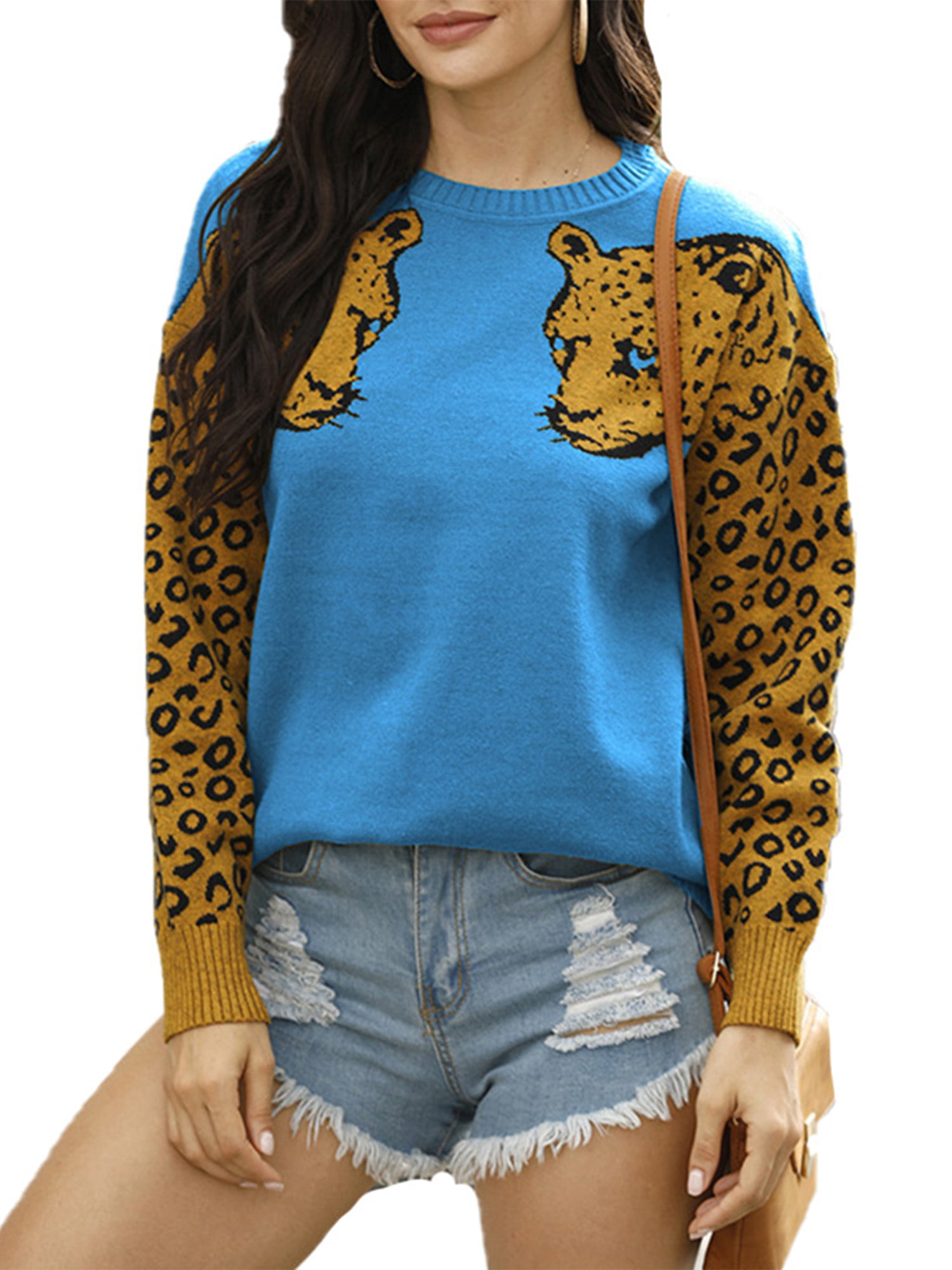 Casual Loose Fit Pullover Top for Women-Leopard Patchwork Print Blouse Winter Lightweight Comfy Ladies Sweatshirts 