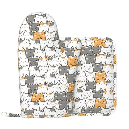 

Oven Mitts and Pot Holders Sets - Cartoon Lines Funny Cute Cat Heat Resistant Silicone Oven Gloves (Left Glove) with Non-Slip Silicone Surface and hot pads for kitchen Baking Cooking