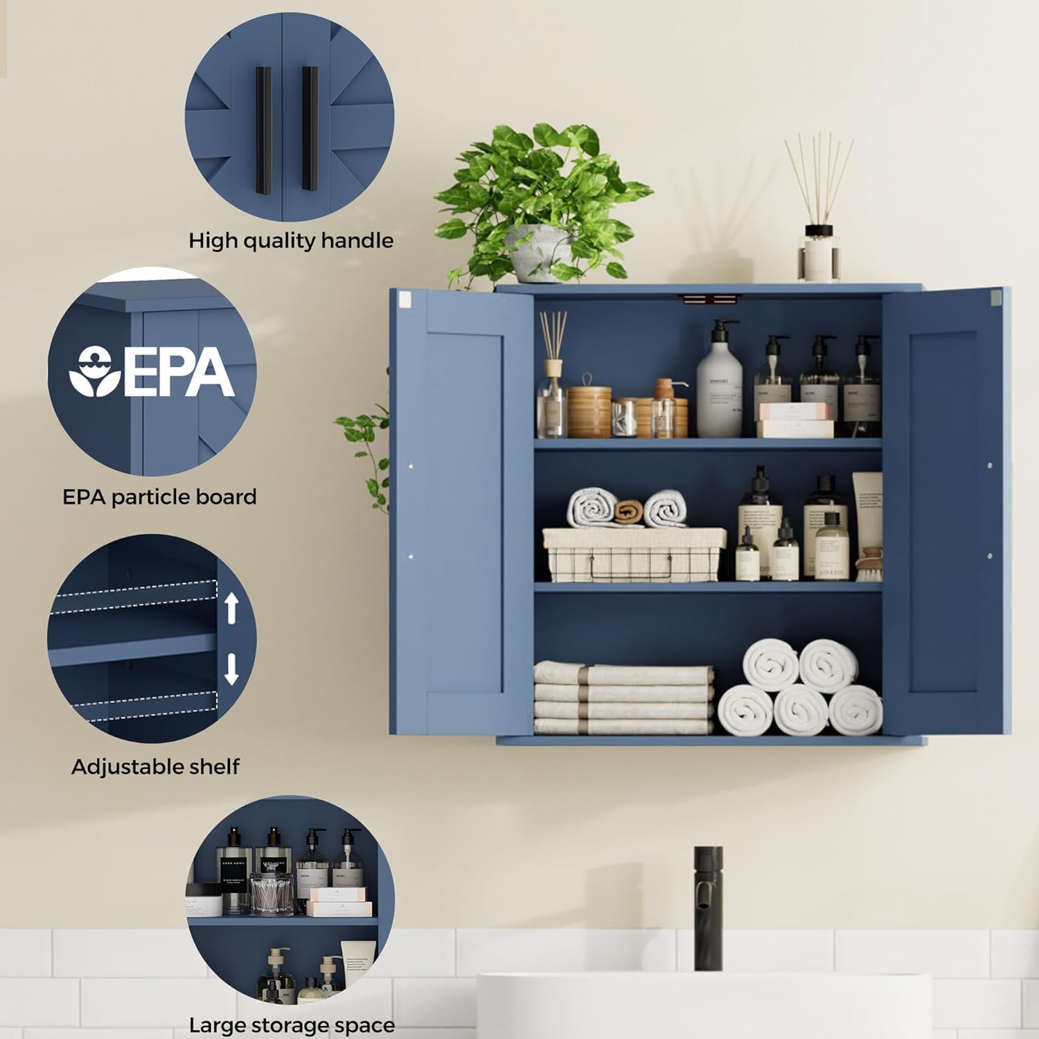 Bathroom Wall Cabinet, Over Toilet Storage Cabinet with Barn Doors and Adjustable Shelves, 3-Tier Medicine Cabinet Wall Mounted, for Bathroom, Kitchen, Entryway, Laundry Room, Blue, (7.9" D)