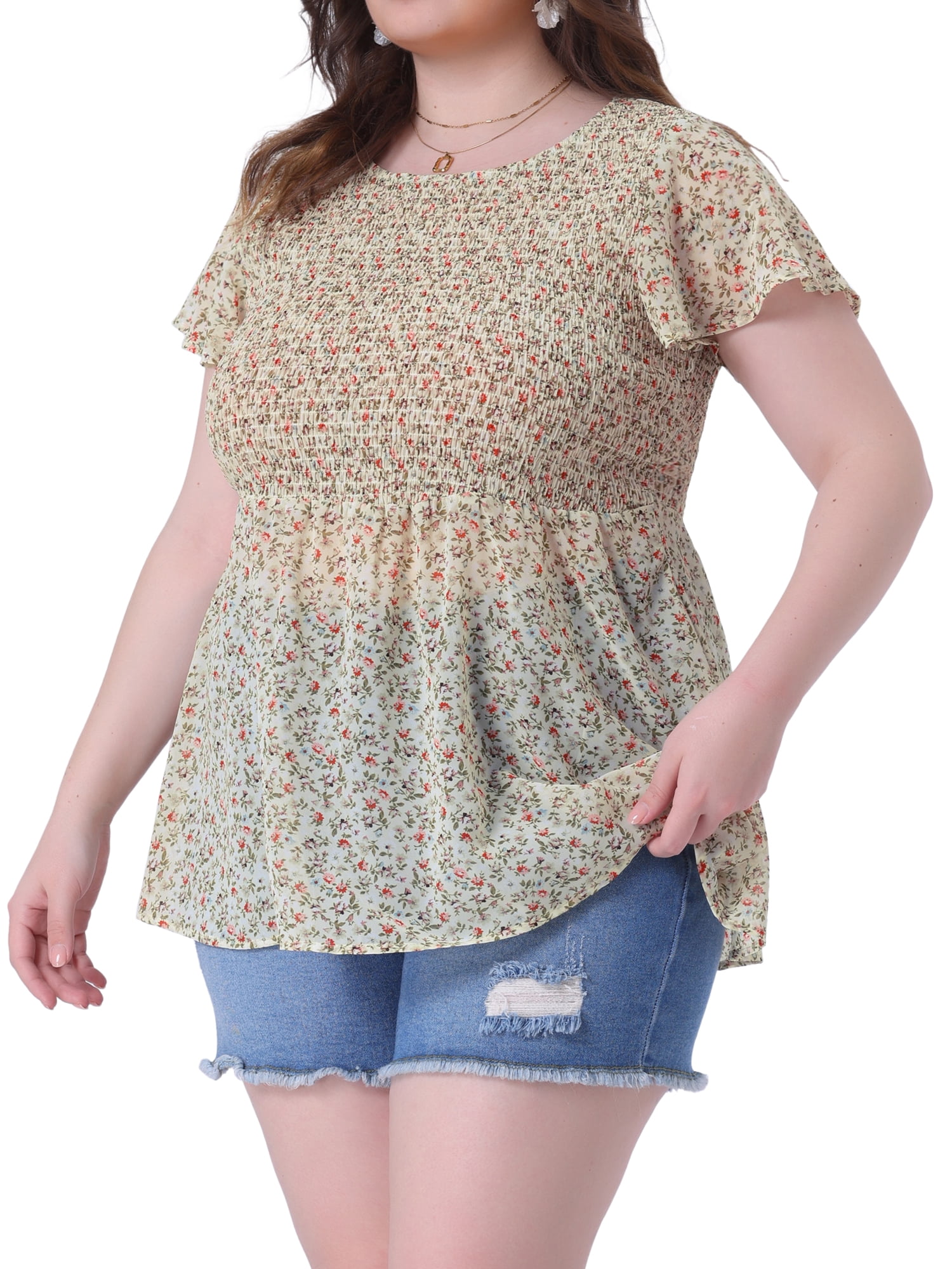 DARING DIVA Women's Plus Chiffon Flare Short Sleeves Floral Top 1X Apricot