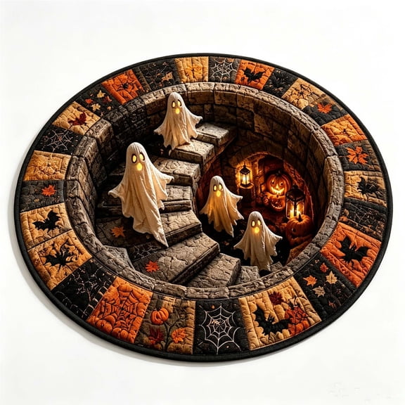Halloween Round 3D Visual Floor Mats, Spooky Optical Staircase Ghost Pumpkin Non-Slip Rugs for Front Door Bedroom Entryway Home Decor