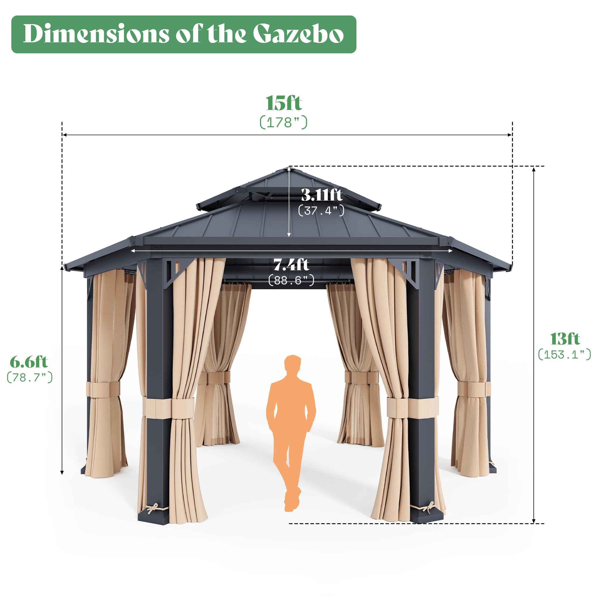 Jocisland 13X15 FT Hardtop Gazebo, Hexagon Metal Patio, Double Roof Pavilion with Aluminum Foot