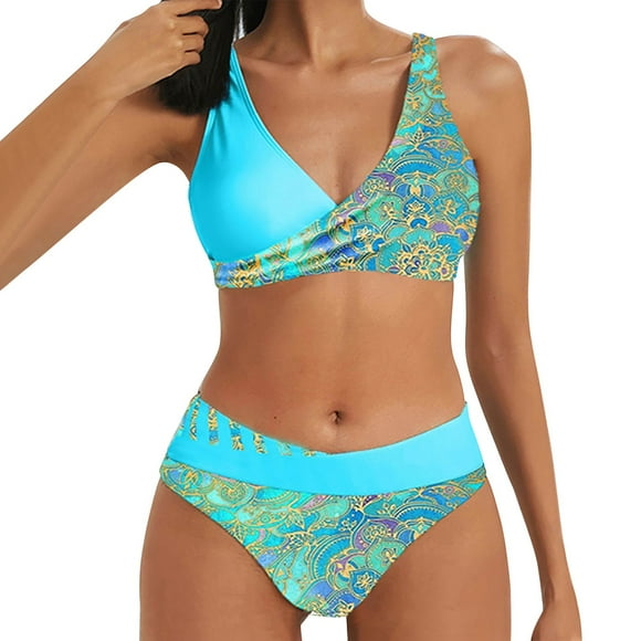 snowsong Swim Suits for Women Bikini Sets Women's Printed Two Piece Bikini Women's Sports Two Piece Swimsuit Bikini Bathing Suit Micro Bikini High Waisted Bikini Two Piece Swimsuit Blue M