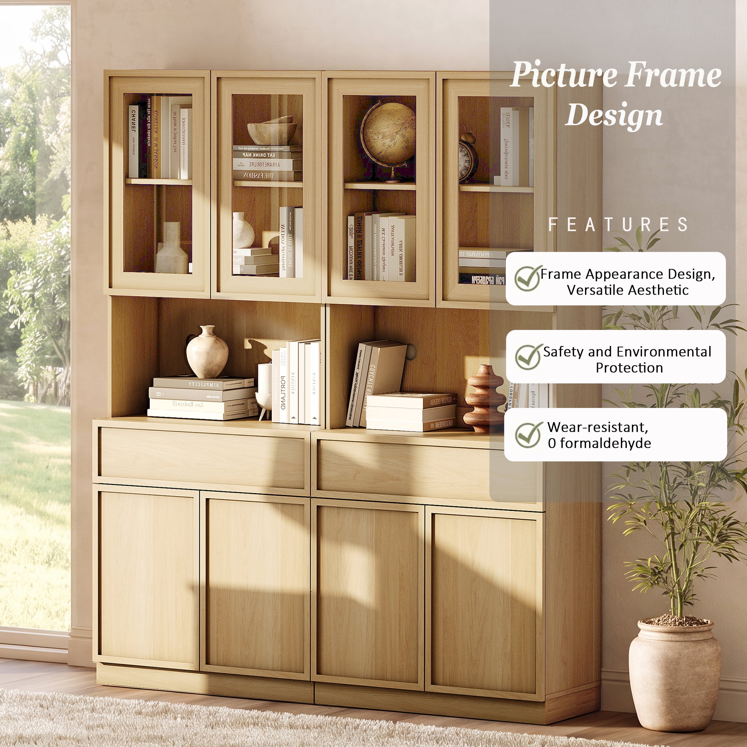 Modern Wood Sideboard Buffet with Glass Doors, Drawers & Adjustable Shelves, 72" Tall Glass Display Storage Cabinet,Oak