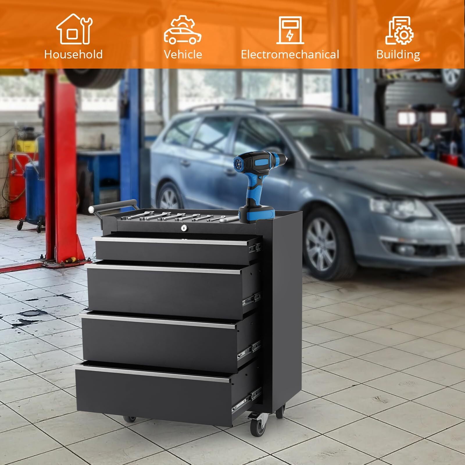 Garvee Metal Tool Box, Portable Tool Chest with Wheels and 4 Drawers for Garage, Workshop, Black
