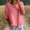 thumbnail image 6 of Helii Women's Cotton Linen Blouse – 3/4 Lantern Sleeve Round Neck Top, Plus Size Loose Fit Tunic with Drawstring Hem, Breathable Summer Shirt for Casual Vacation Pink,XL, 6 of 9