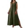thumbnail image 2 of ClodeEU Women's V Neck Sleeveless Maxi Dress with Side Slit, Casual Solid Color Loose Flowy Dress Army Green,Women's Plus L, 2 of 8